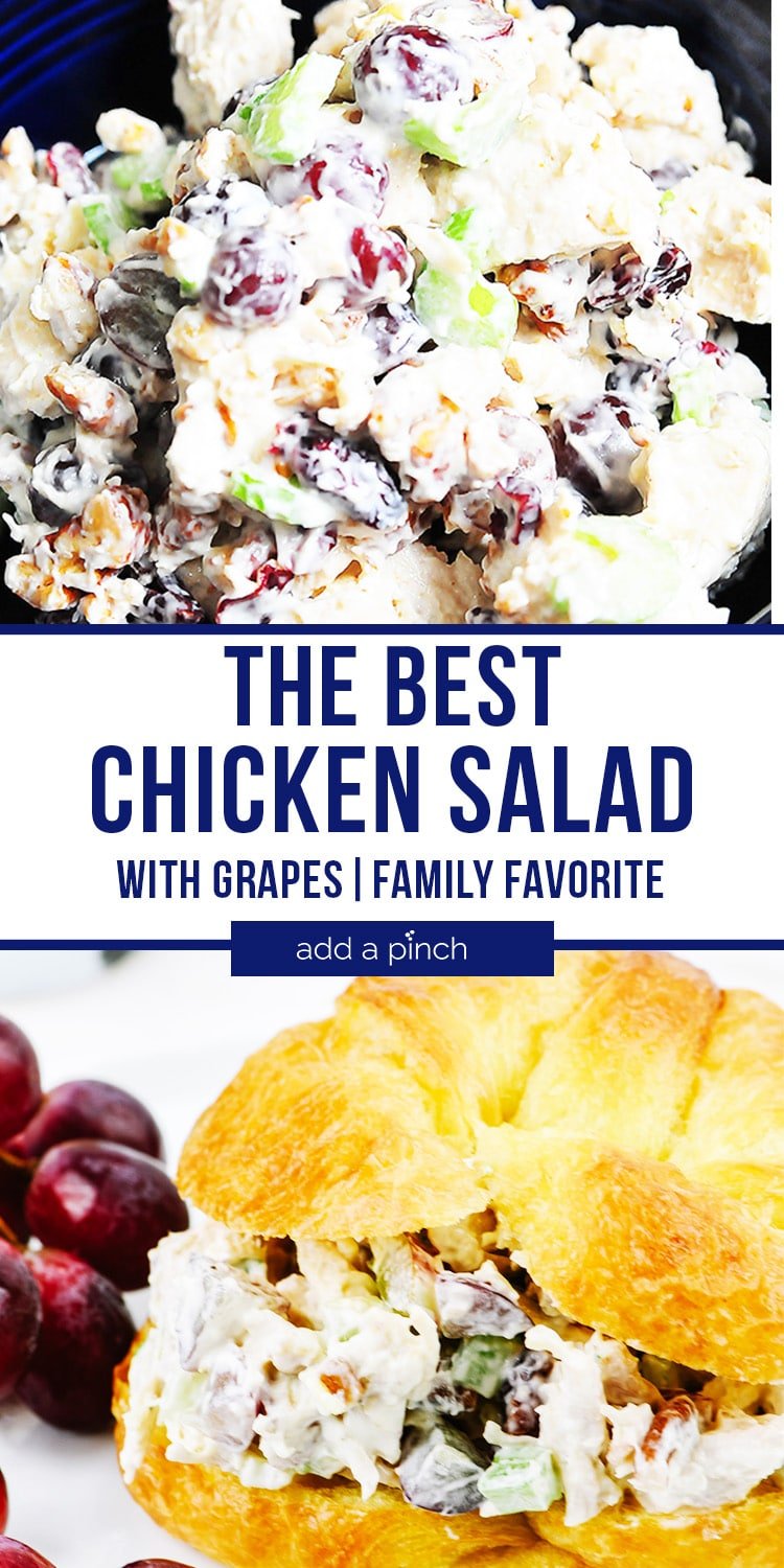 Chicken Salad with Grapes on plate and Chicken Salad Sandwich on croissant with grapes on plate - with text - addapinch.com