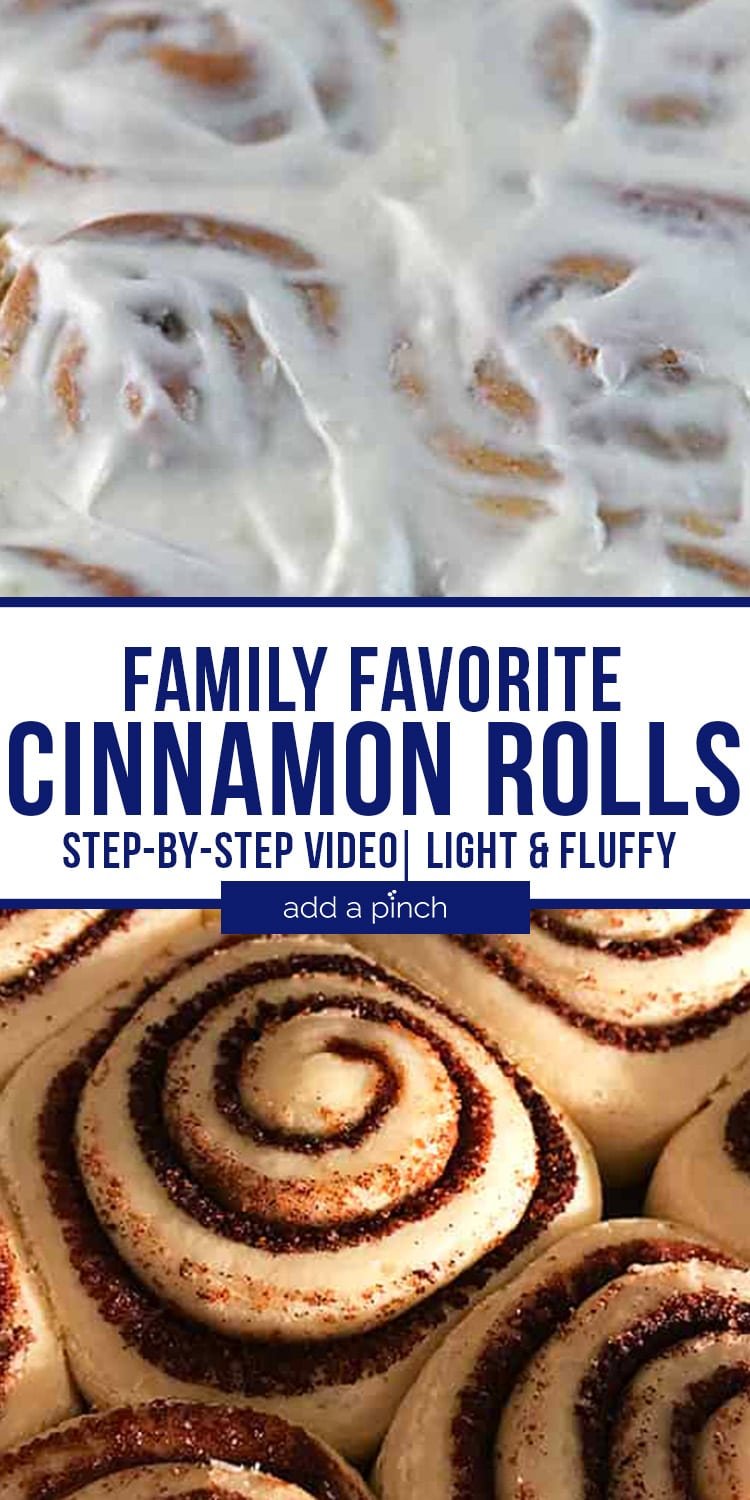 Collage of cinnamon rolls with and without icing - with text - addapinch.com