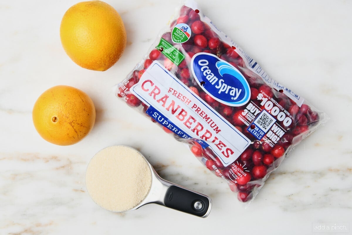 Ingredients used to make fresh cranberry relish.