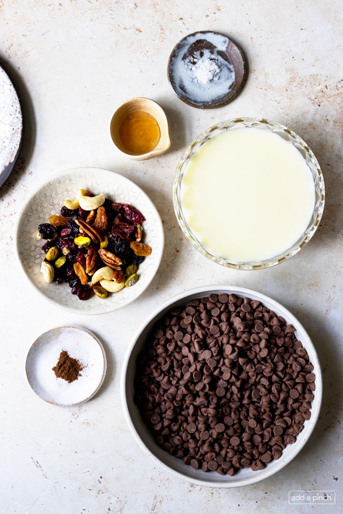 Photograph of ingredients used to make easy fudge: salt, vanilla extract, sweetened condensed milk, and chocolate chips. Also included in photograph are optional ingredients of mixed nuts and fruits and espresso powder.