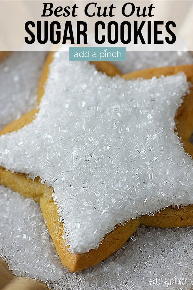 Star shaped Cut Out Sugar Cookies with Cookie Icing and sparkling sugar topping - with text - addapinch.com
